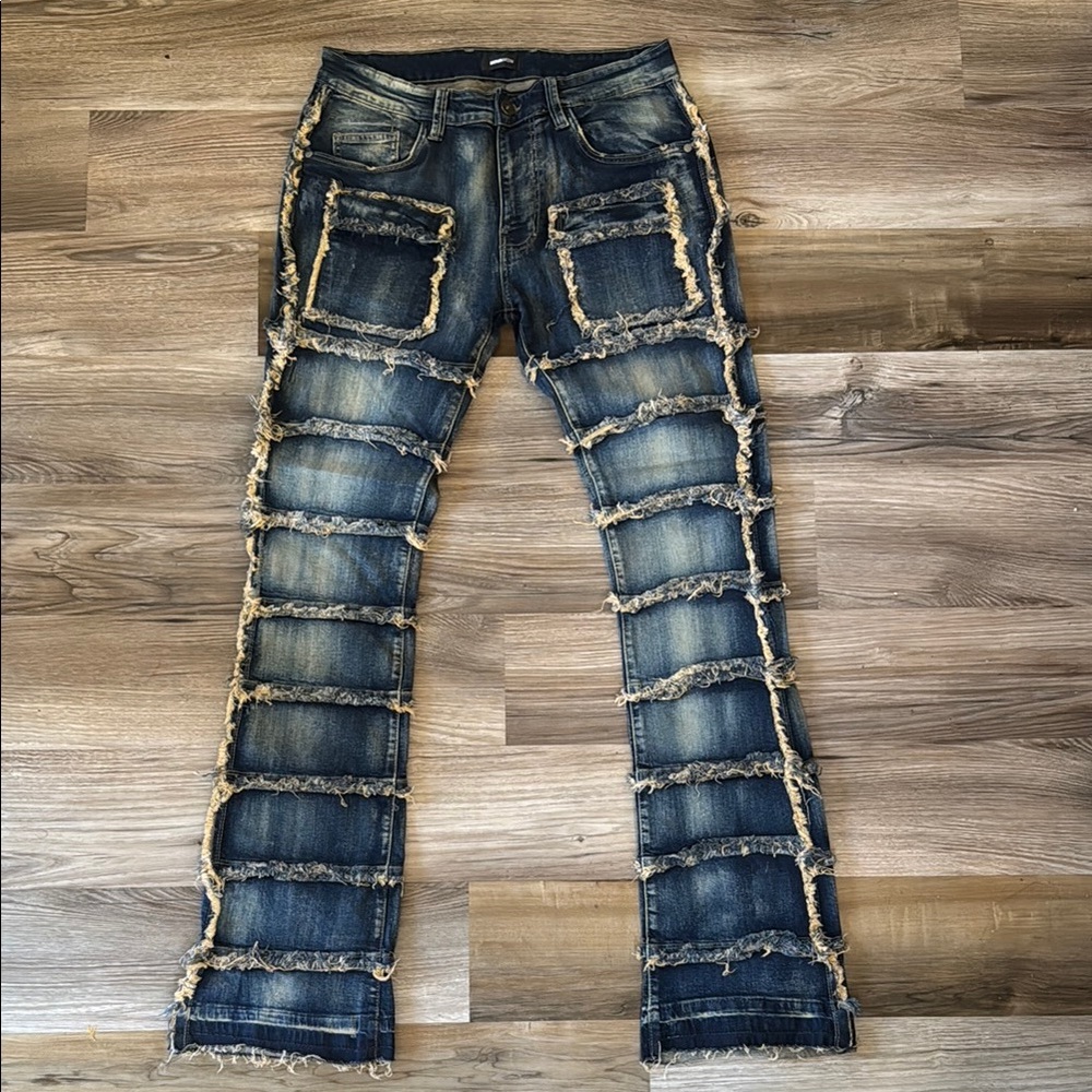 Men's Distressed Patchwork Jeans - Blue